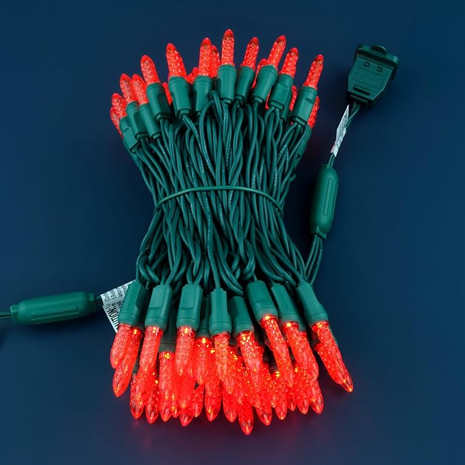 100 Red Faceted One-Piece LED Christmas Lights, 33 ft Green Cord High Waterproof UL Certified M6 Outdoor String Lights (Red)