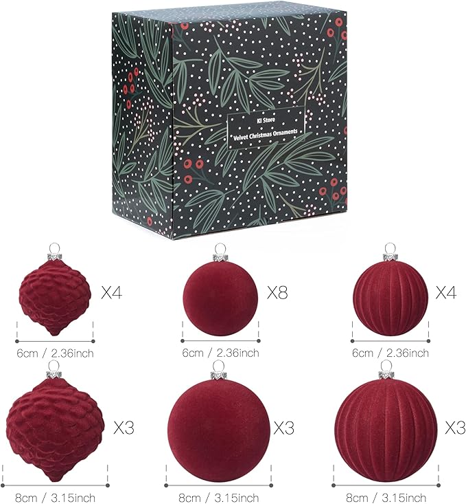 KI Store Velvet Christmas Balls Burgundy 25pcs Flocked Christmas Tree Ornaments Assortment for Xmas Tree Holiday Decor