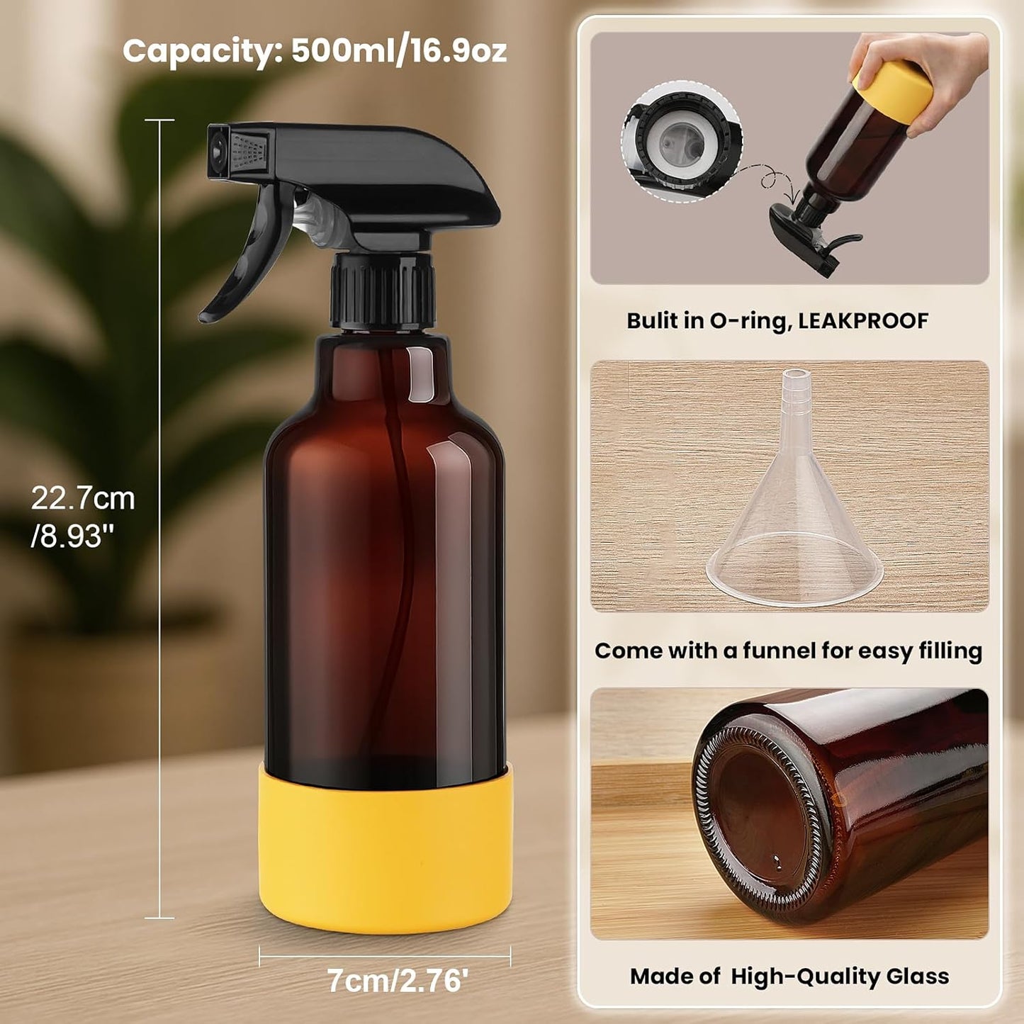 Glass Spray Bottles with Silicone Sleeve 16.9oz 2 Pack Empty Spray Bottle for Hair Mist/Stream Spraying for Cleaning Solutions, Plants, Essential Oils (Brown-green&yellow)