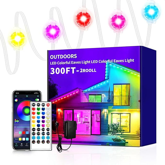 300ft Permanent Outdoor Lights,RGB Eave Lights,Music Sync IP67 Waterproof Outdoor Eave Light Lighting, can be Used for Garden,House,Party,Holiday Decoration（2 Rolls of 150ft