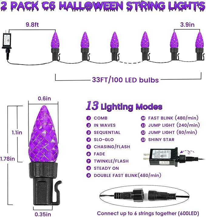 2 Pack C6 Christmas Lights Outdoor Indoor, Total 200 LED 66 FT Connectable Christmas String Lights with Timer & 13 Modes, Waterproof Twinkle Light for Xmas Tree Yards Party Wedding Decorations(Purple)