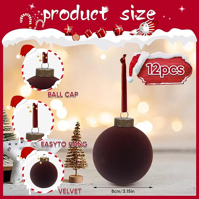 12 Pcs Velvet Christmas Balls Bulk Shatterproof Plastic Christmas Tree Decorations for Decorative Hanging Baubles (12, Coffee, 3.15Inch)