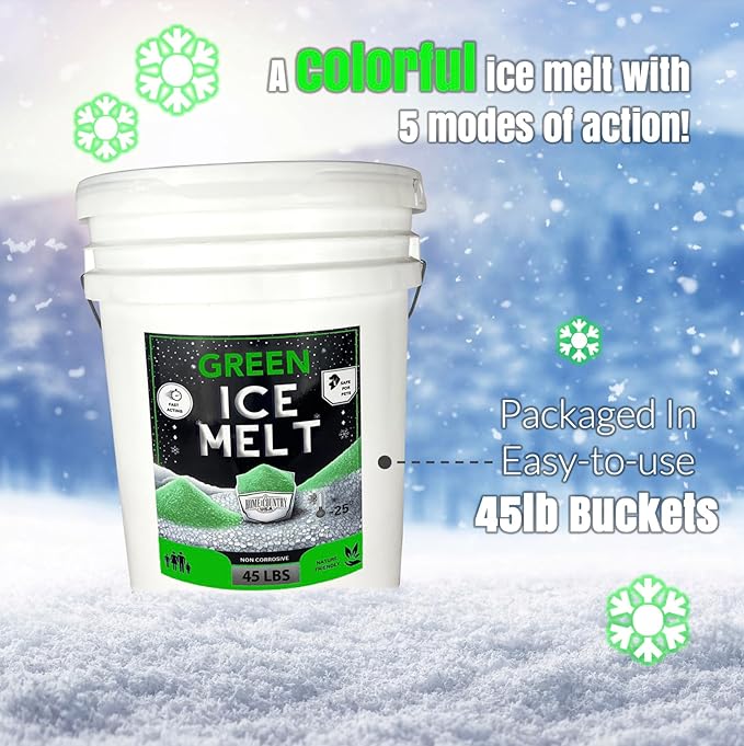 Green Ice Melt Pail Effective to -25°F, Eco-Friendly De-Icer, Optimal Granule Size for Quick Melting, Ideal for Driveways, Walkways, and Entryways 45 lb Pail