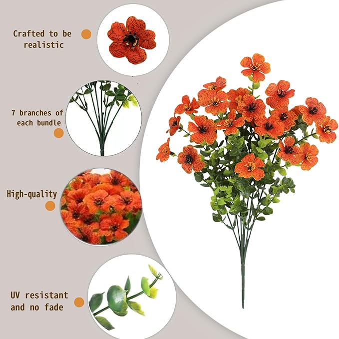 SHIAWASENA Realistic Outdoor Fake Plants Flowers, Artificial Flowers, UV Resistant, 12 Bundles Faux Silk Colorful Violet Flowers Bouquet with Eucalyptus (Orange)