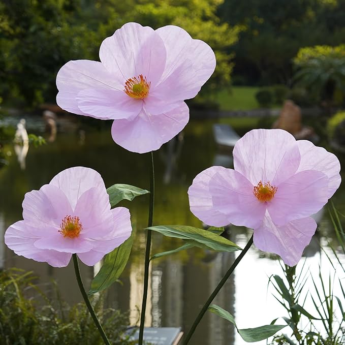 Large Paper Artificial Flowers,Giant Flowers for Decoration,Huge Handcrafted Poppy Fake Flowers with Stand for Home Decor Bridal Shower Party Outdoors Yard Event Backdrop Decor (Pink)