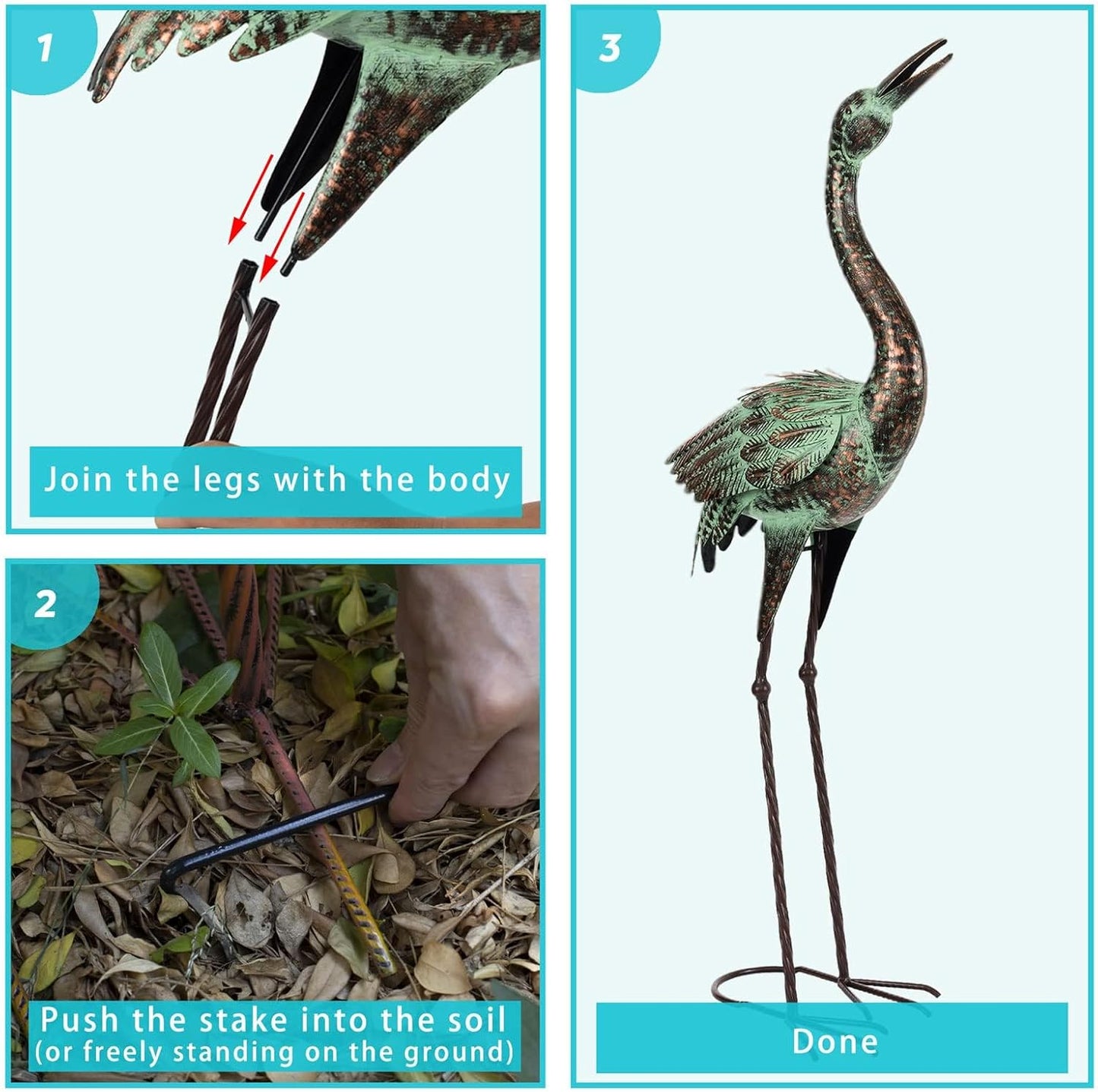 Shorayn Garden Crane Statues, Blue Heron Sculptures for Outdoor, Cranes Decor Metal Bird, Patina Garden Art Lawn Ornaments for Yard Patio Porch Outside Decorations