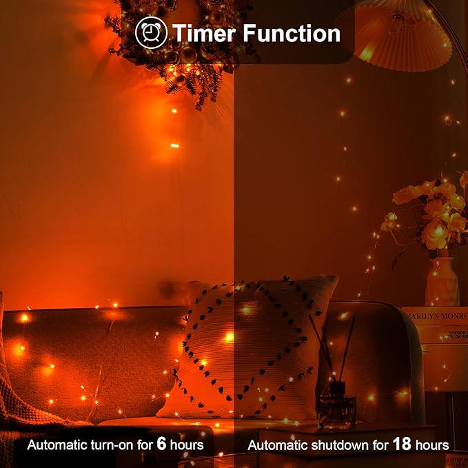 2 Pack 16.4ft Battery Operated String Lights with Timer, Orange with Synchronized Twinkle Mode, Fairy Lights Battery Powered, 50 LEDs, Idea for Christmas Bedroom Party Wedding