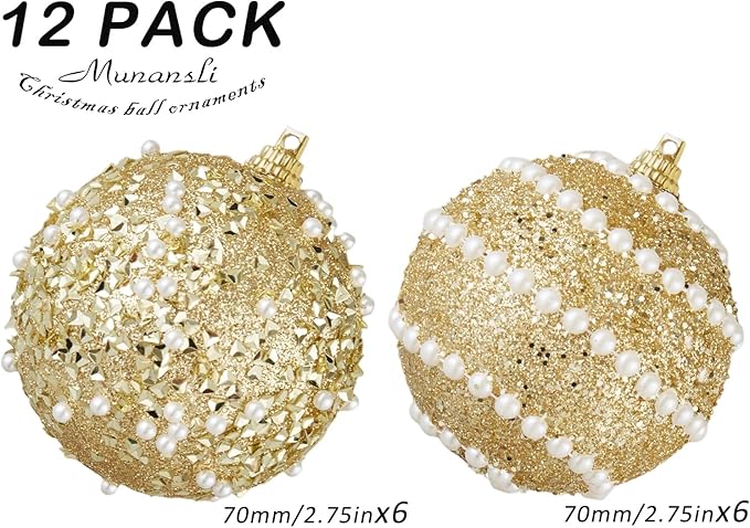 Gold Christmas Ball Ornaments,12ct Christmas Tree Shatterproof Plastic Hanging Sequin Xmas Balls for Festivals Holiday Party Decorations(70mm/2.76")