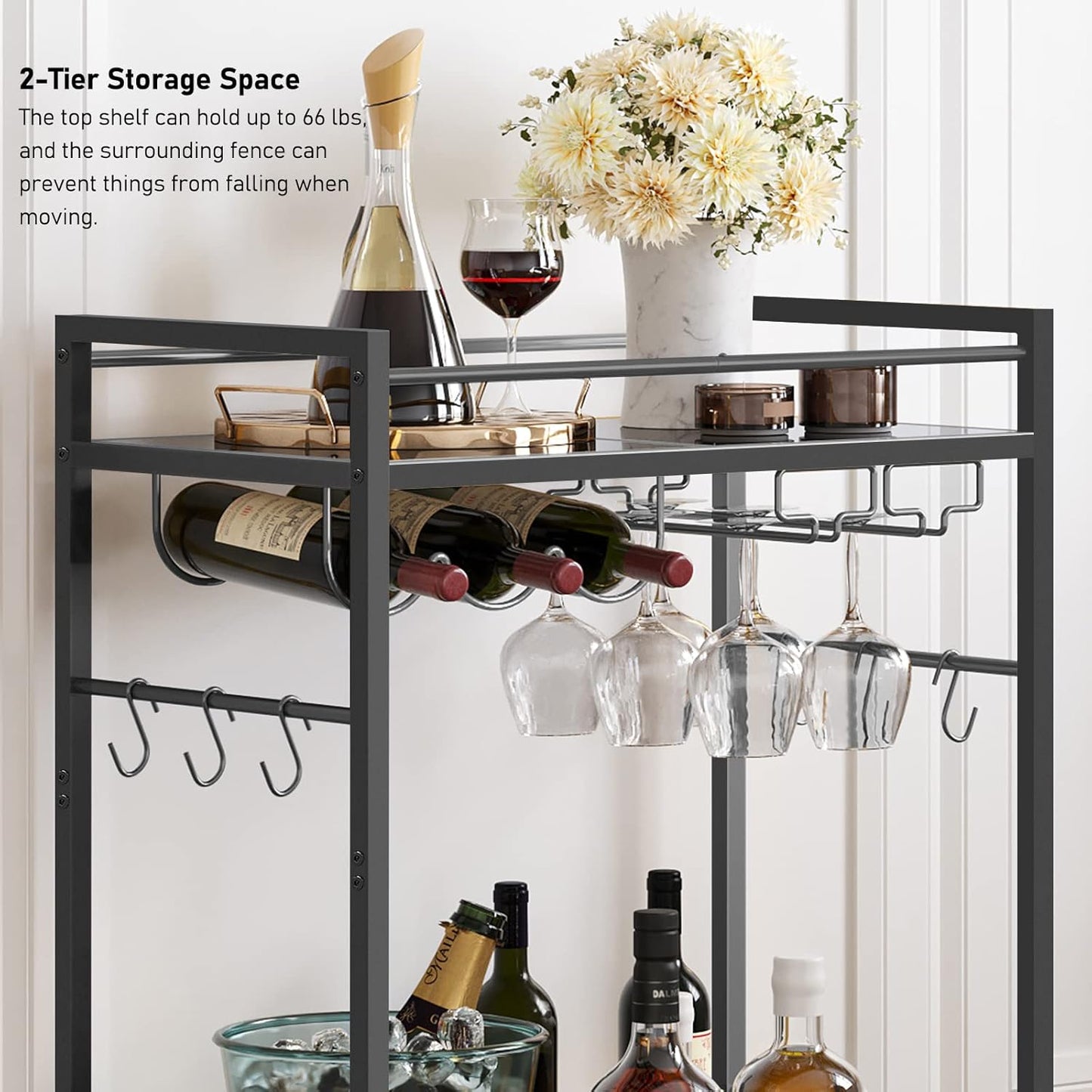TUTOTAK Bar Cart, Serving Cart - for Home, Microwave Cart, Drink Cart, Mobile Kitchen Shelf with Wine Rack and Glass Holder, Rolling Beverage Cart, Black BC01BK031