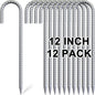 Rebar Stakes 12 Inch, 12 Pack Galvanized Tent Stakes Heavy Duty Ground Stakes, J Hook Metal Fence Stakes for Ground, Outdoor Decoration, Wire Fencing, Gardening