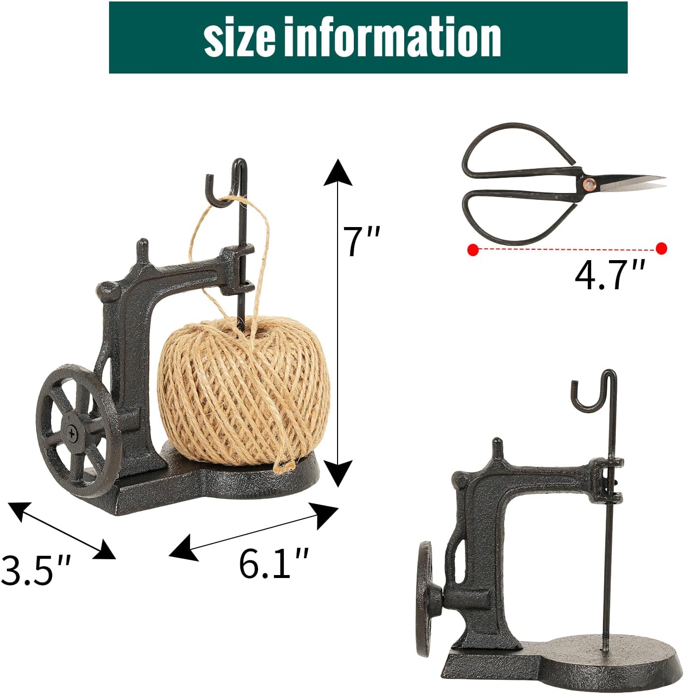 Sungmor Cast Iron Twine Holder and Scissors Set, Vintage Jute Twine Garden String Holder, Decorative Twine Dispenser with Cutter for Crafting, Gardening, Gift Wrapping, Sewing Machine Shape