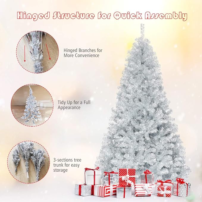 Happygrill 7.5 FT Christmas Tree Silver Tinsel Xmas Tree with 1258 Branch Tips Metal Stand, Artificial Hinged Christmas Tree for Indoor and Outdoor Holiday Decoration