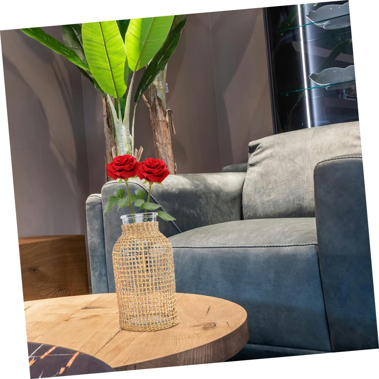 DOITOOL Glass Flower Vase with Rattan Cover, Round Decorative Flower Vase Woven Seagrass Vase Farmhouse Vase Floral Container for Floral Arrangement Table Centerpiece Decor (Size L)