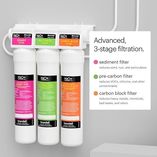 Brondell Coral UC300 Under Sink Water Filtration System – Reduces PFAS, Lead, & Chlorine in Drinking Water, Water Purifier with Designer Chrome Faucet – Quick Change Filter, WQA Gold Seal-Certified