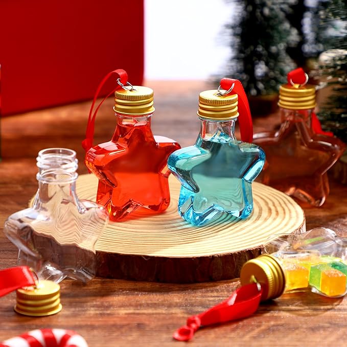 Patelai 18 Pcs Christmas Drink Balls Clear Shot Glass Ornaments Xmas Tree Fillable Ornaments Plastic Xmas Water Bottle Bulbs for Holiday Party Decorations(Star,50 ml)