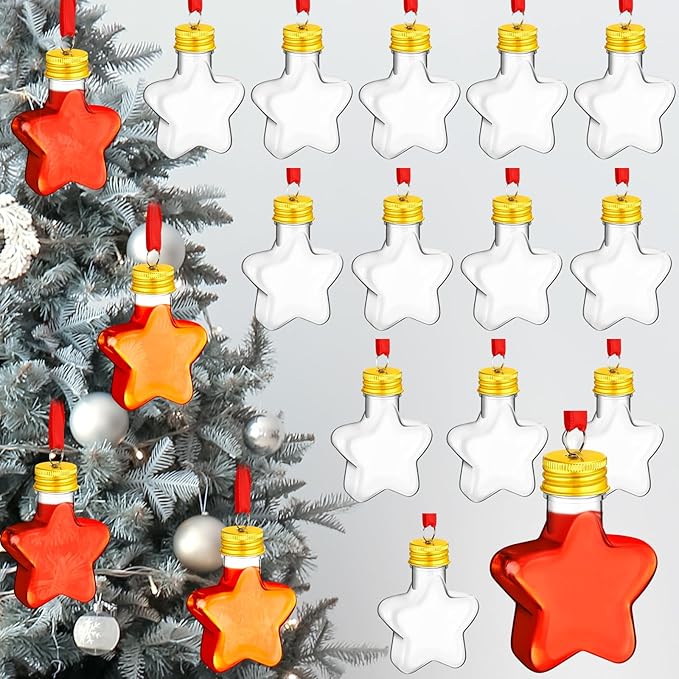 Patelai 18 Pcs Christmas Drink Balls Clear Shot Glass Ornaments Xmas Tree Fillable Ornaments Plastic Xmas Water Bottle Bulbs for Holiday Party Decorations(Star,50 ml)