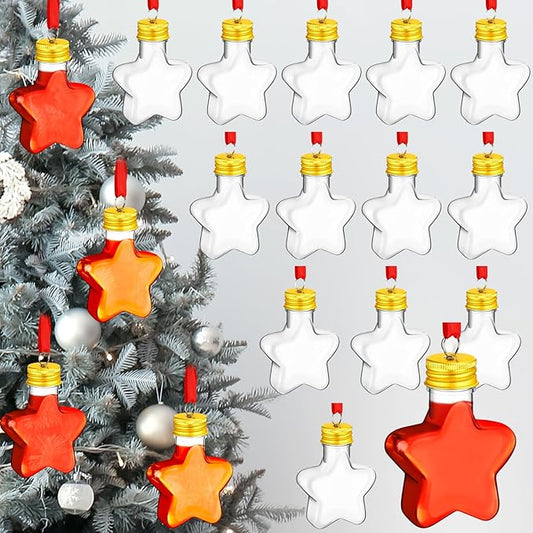 Patelai 18 Pcs Christmas Drink Balls Clear Shot Glass Ornaments Xmas Tree Fillable Ornaments Plastic Xmas Water Bottle Bulbs for Holiday Party Decorations(Star,50 ml)