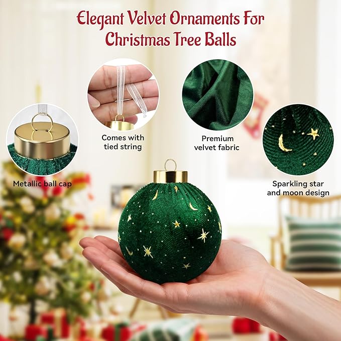 Christmas Tree Ornaments Velvet Balls - 12 Pcs Shatterproof Christmas Tree Hanging Bulbs Decorations Set for Holiday Party Xmas - Multicolor Green Brown Neutral - 3.15 Inch (80mm)