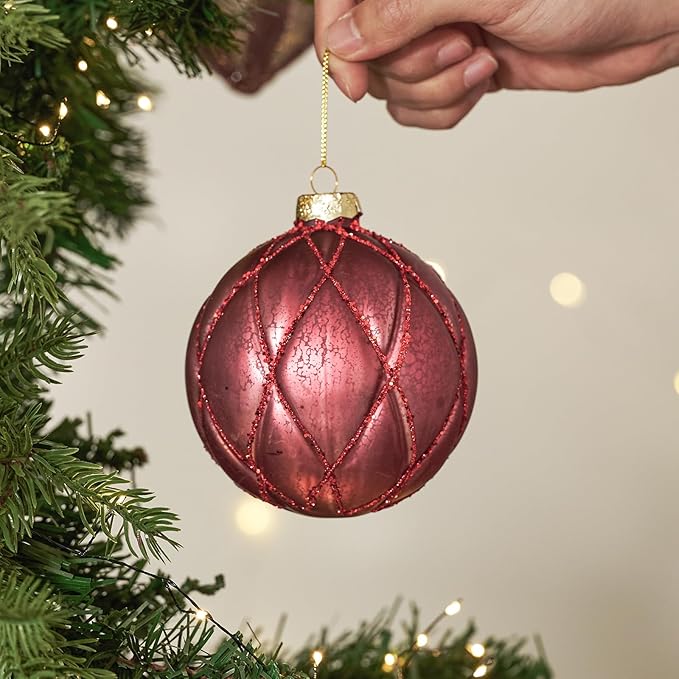 DN DECONATION 4PCS Christmas Ball Ornaments – 4” Burgundy Glass Hanging Ball Ornaments Set for Christmas Tree with Shimmering Silver Lines, Winter Home Decor Xmas Party Decorations Wedding