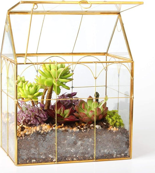 Glass Geometric Plant Terrarium,Succulent & Air Planter for Home Garden Office Decoration (Gold House)