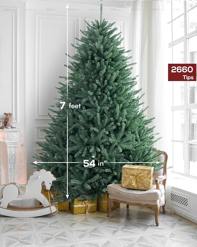 7FT Blue Spruce Christmas Tree, Premium Hinged Artificial Christmas Tree, Full Unlit Xmas Tree 7 Feet No Lights, Non Pre-lit for Indoor and Outdoor Fir Green Festive Holiday