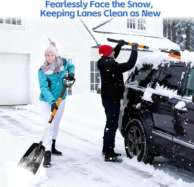 5-in-1 Ice Scrapers Snow Shovel Snow Brush Kit, 41" Ice Scrapers for Car Windshield with 180° Pivoting Brush Head & Squeegee, Extendable Aluminum Foam Grip for Cars, SUVs, Trucks - Orange