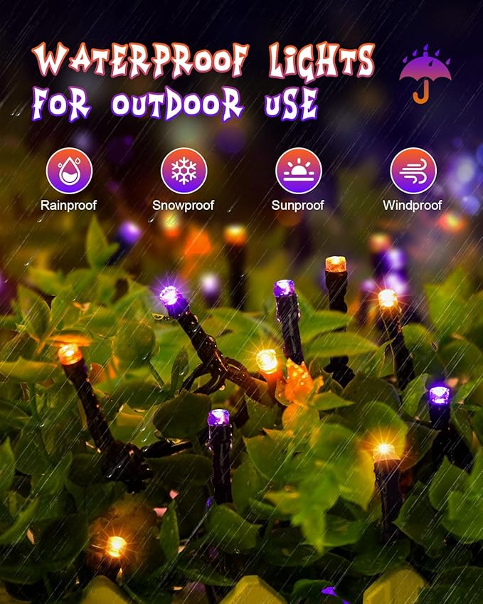 125 FT 380 LED Halloween String Lights, Outdoor Waterproof Black Wire with 8 Modes, Timer & Memory, Plug-in Halloween String Lights for Indoor Yard Tree Decorations, Purple & Orange