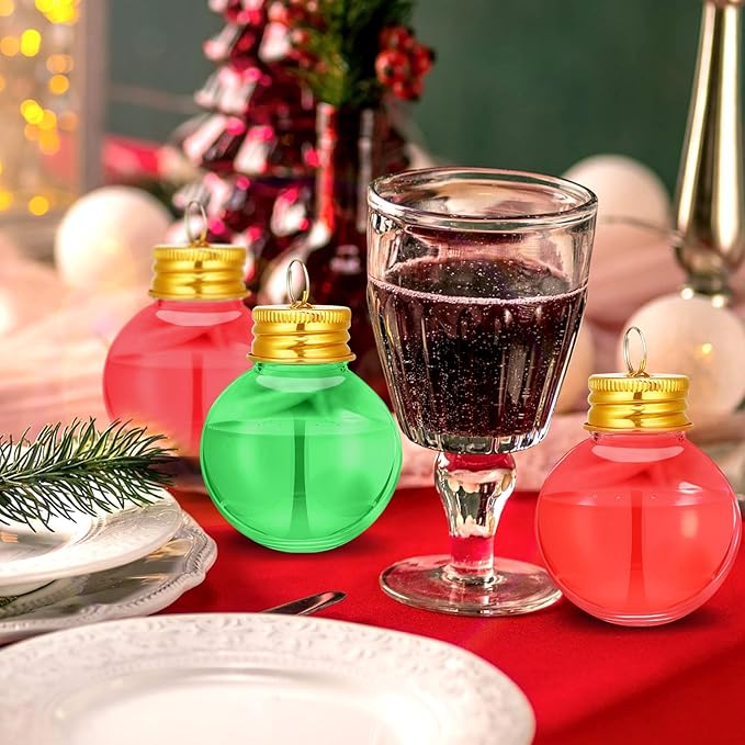 Patelai 18 Pcs Christmas Drink Balls Shot Glass Ornament Plastic Fillable Christmas Tree Ornaments Xmas Water Bottle Bulbs for Holiday Party Indoor Outdoor (Green,Rose with Gold Lid)