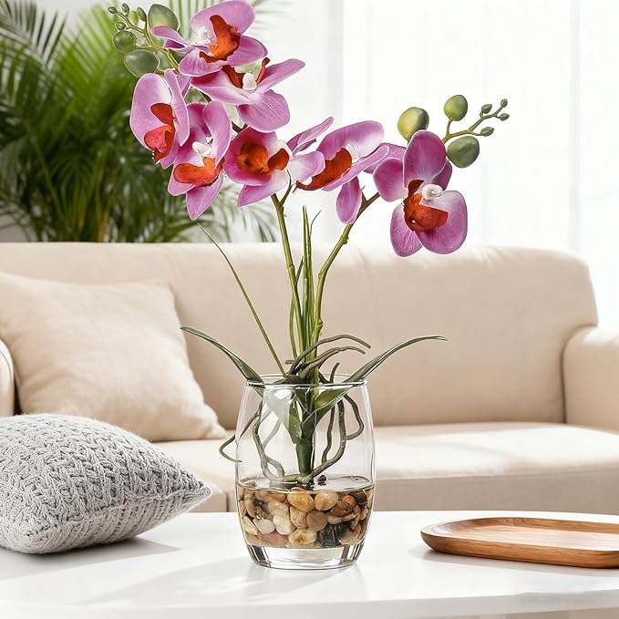 Jusdreen Artificial Purple Orchid in Glass Vase, Realistic Phalaenopsis Arrangement with Potting for Home Office Table Decor, 14.5 Inch Flower Centerpiece