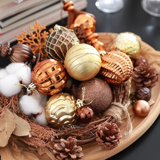 Christmas Tree Ornaments Decorations Set-116ct 1.18-6.5 Inch Assorted Copper Gold Shatterproof Decorative Hanging Christmas Ball Ornaments Bulk,Xmas Tree Tabletop Decorations for Holiday Decor