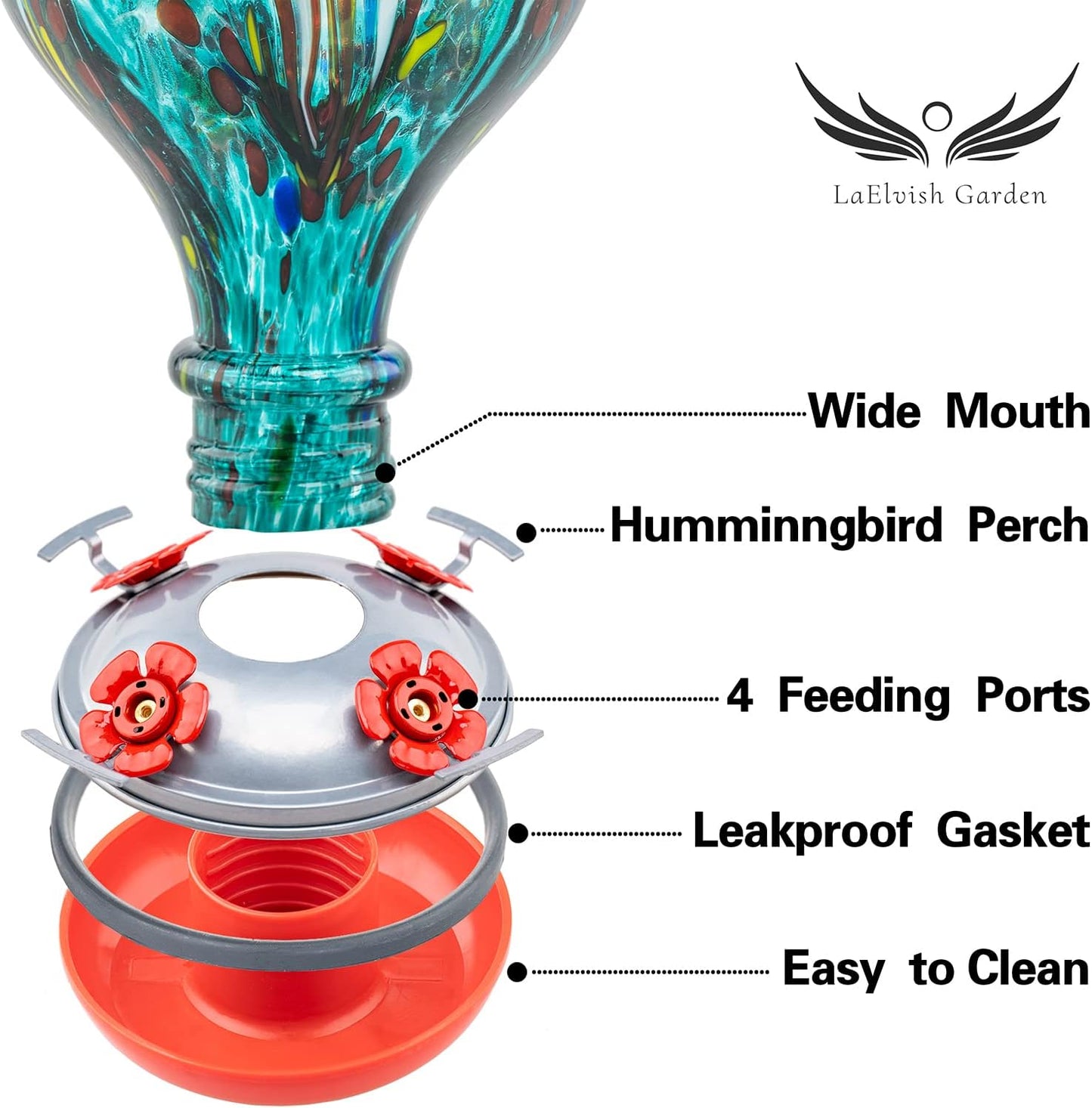 2 Packs Hummingbird Feeder for Outdoors Hanging Ant and Bee Proof, 32OZ & 34OZ, Hand Blown Glass Hummingbird Feeders for Outside, Blue & Teal