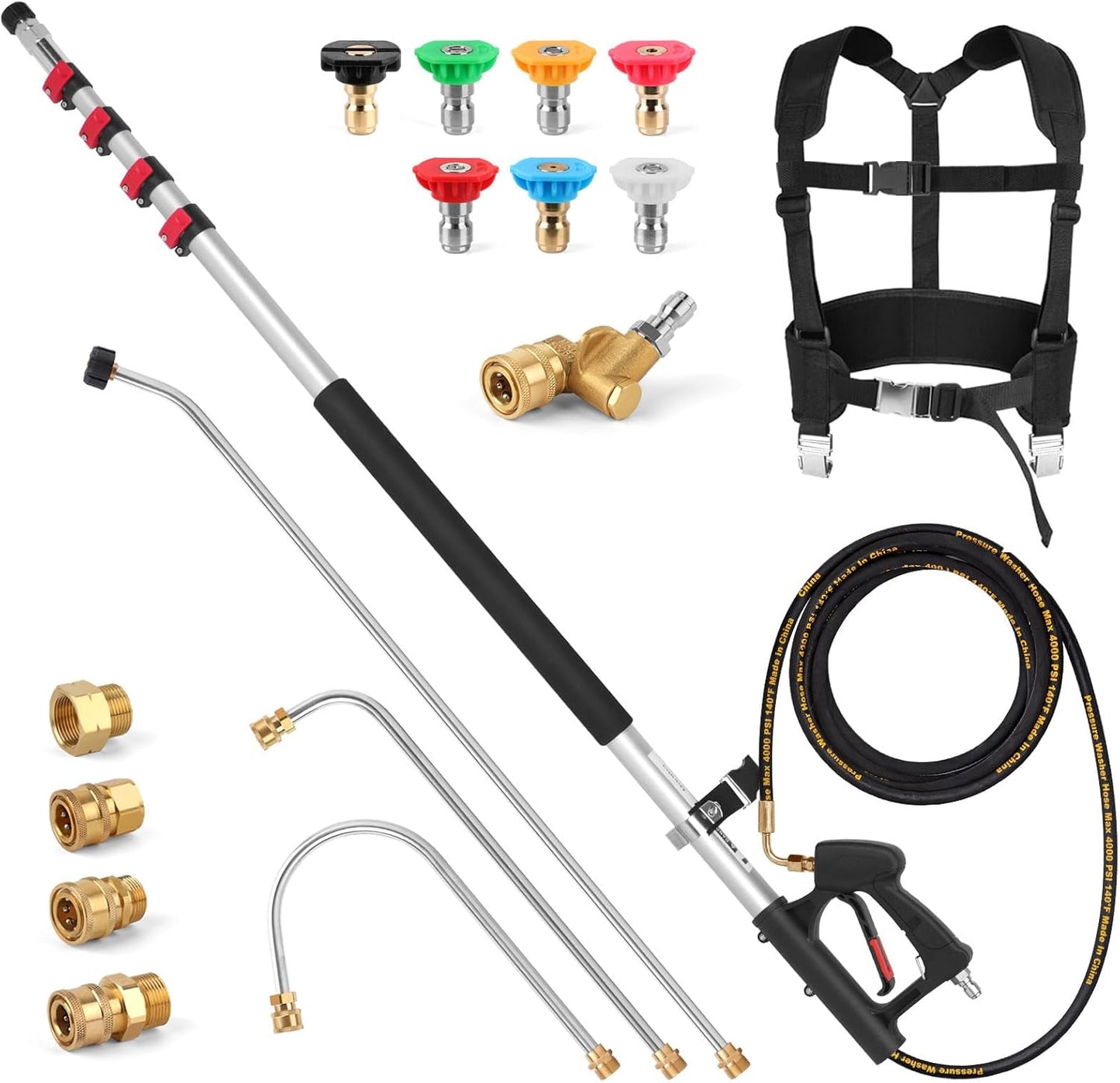 24 FT Telescoping Pressure Washer Wand with Power Washer Extension Wand, Gutter Cleaner Attachment, 4 Adapters, 7 Spray Nozzles & Support Belt Pressure Washer Extension Pole for Wall Roof Gutter