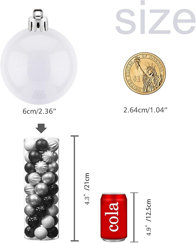 45Pcs 6cm Christmas Glitter Ball Ornaments, Shatterproof Plastic Xmas Tree Decorations for Holidays, Weddings, Parties - Black, White, Silver