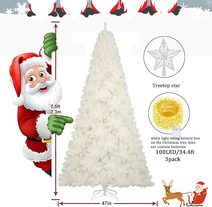 KTKDE 7.5FT White Christmas Tree, Artificial Holiday Christmas Tree with 1450 Branch Tips and Folding Metal Stand, Indoor Outdoor Xmas Decoration Tree for Home Office Party