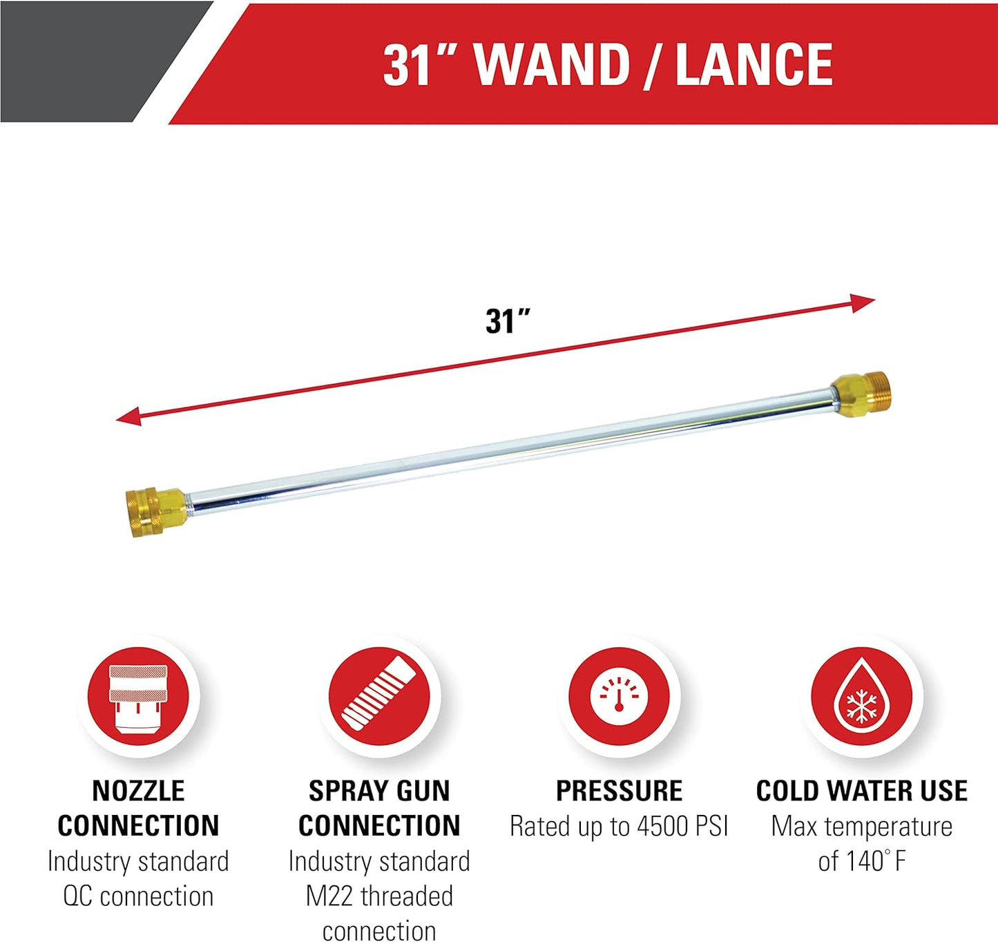 Simpson Cleaning 80479 Universal 31-Inch Pressure Washer Wand for Cold Water Use up to 4500 PSI, Silver