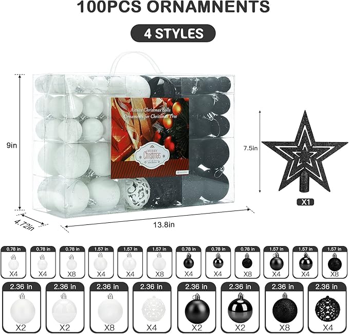 Aitsite 100 Pack Christmas Balls Christmas Tree Decoration Shatterproof Christmas Day Decoration Balls for Christmas Tree Decorations(Black and White)