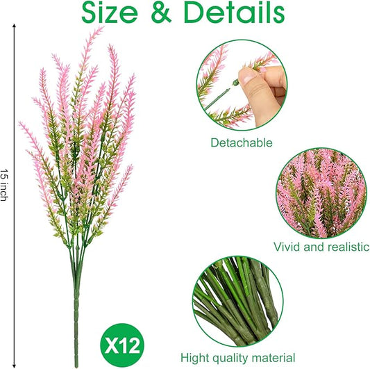 Ouddy Decor 12 Bundles Artificial Lavender Fake Flowers Faux Plastic Plants for Home Wedding Kitchen Garden Patio Window Box Office Table Centerpieces Indoor Outdoor Decor, Pink