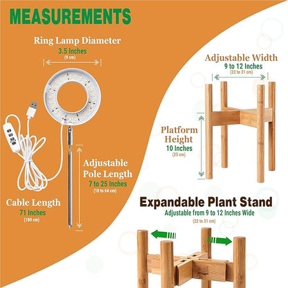 ZPirates Wood Plant Stand with Built-in Grow Lights - Extendable to Fit Small-Large Single Planter Pot - Auto Timer, Dimmable - (Pot and Plant Not Included)