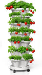 Strawberry Planters, 7 Tiered Vertical Stackable Planter, Herb Stacking Tower Garden, Flower and Vegetable Planters with Support Pole Indoor and Outdoor with Removable Wheels - White