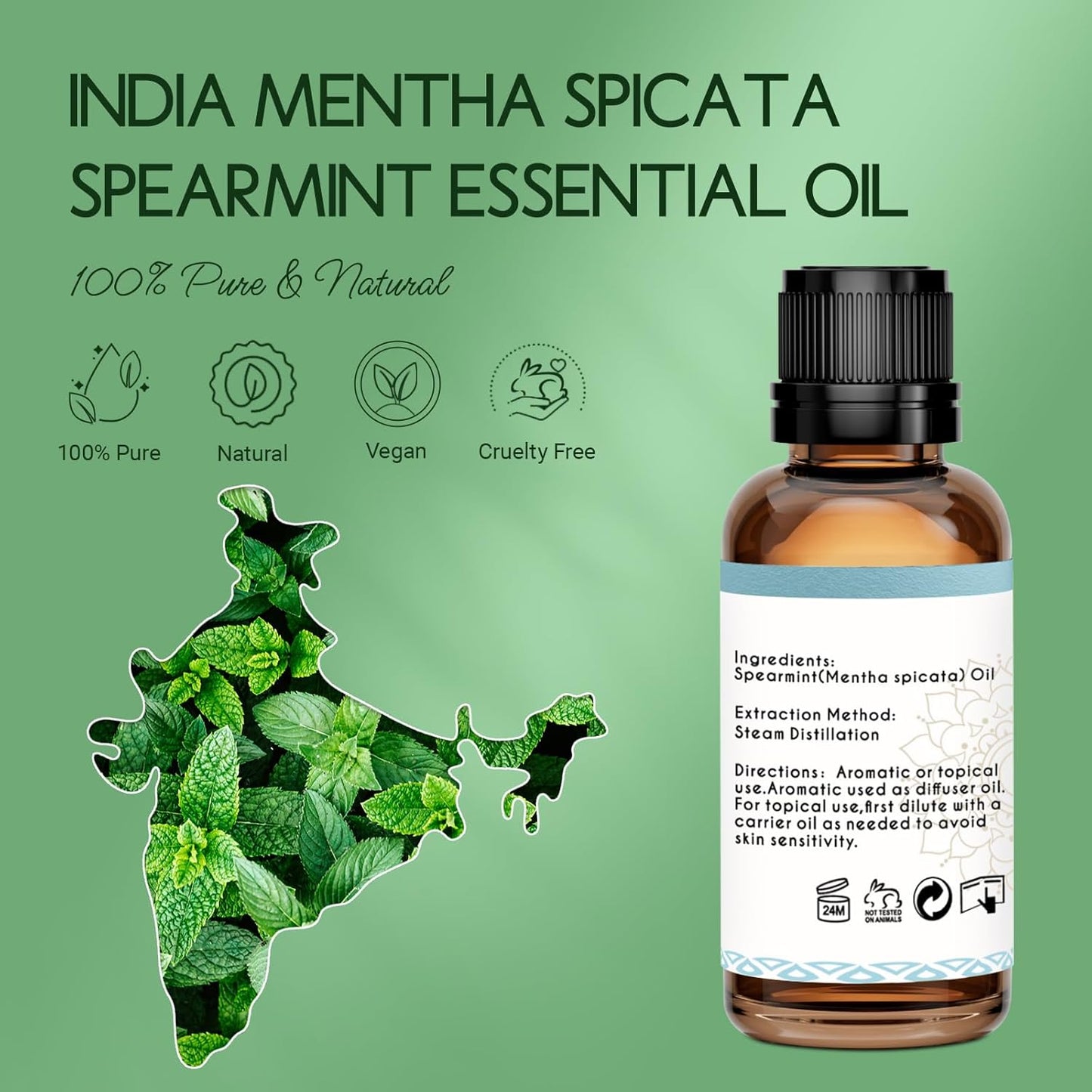 Spearmint Oil for Facial Hair Skin Roll On Diffuser Room Spray - Pure Organic Therapeutic Grade Spearmint Essential Oil 1 Oz