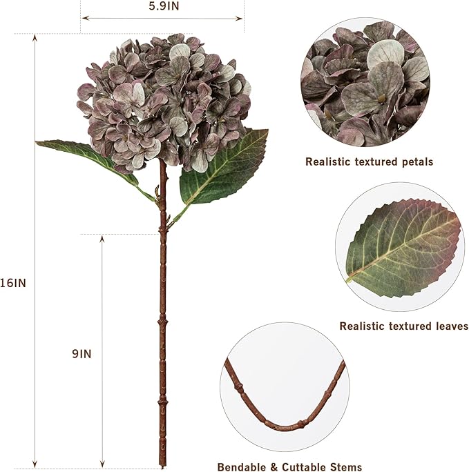 Artificial Flower Fake Silk Hydrangea Heads Bouquet with Stems Bulk for Fall Decoration Table Center Christmas Indoor Outdoor Faux Floral Realistic with Leaves Plants Crafts 8PCS(Brown)