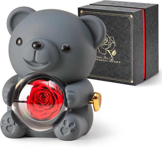 Cute Teddy Bear with Preserved Rose - A Real Rose Flower in Bear with Elegant Gift Box - Romantic Gift for Her in Mother's Day, Weddings, Anniversaries, and Bridal Showers (Grey)
