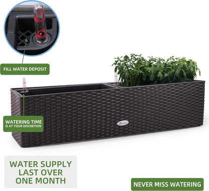 Dexceder 31.5 Inch Rattan Self Watering Planter Indoor Outdoor, Thickened Large Rail Flower Plant Pot Window Box with Water Level Indicators & Bracket (Brown)
