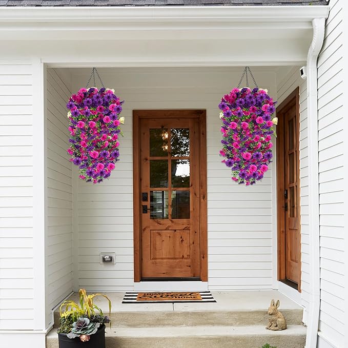 Rich and Eye-catching 5 PCS Artificial Hanging Flowers，Silk Morning Glory Faux Flowers with Eucalyptus Leaves,uv Resistant Fake Hanging Petunias Plants for Yard Decoration(Purple Red)