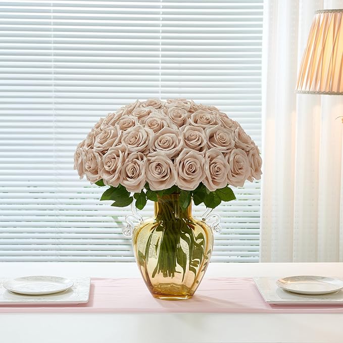 50Pcs Nude Roses Artificial Flowers Artificial Silk Roses Bulk,Fake Roses Flower with Stems Realistic Flowers for Wedding Centerpiece Home Party Decor