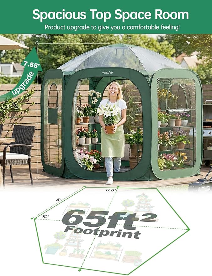 Porayhut Pop up Greenhouse Tent,Portable Large Walk-in Plant House 10’X10’ ,Indoor Outdoor Gardening Plant Sunshine Room with PVC Mesh Cloth Cover for Protecting Plant from Cold Frost & Birds