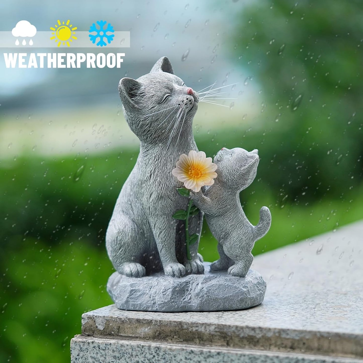 Solar Cat Garden Statue Outdoor Decor - Mother & Kitten Figurines with Flower LED Light, Outside Yard Art Patio Balcony Lawn Ornament, Unique Gifts for Cat Lover