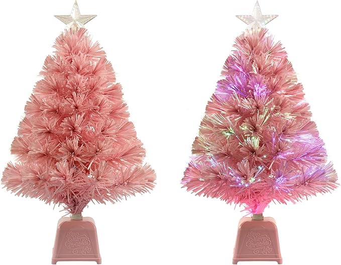 24inch Pink Fiber Optic Christmas Tree,Pre-Lit Artificial Mini Christmas Tree, Tabletop Small Xmas Tree with Stars Holiday Home Decorations