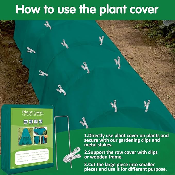 Plant Covers Freeze Protection, 10ft x 30ft 1.41 oz/yd² Frost Cloth Plant Blankets Floating Row Covers with 20 Stainless Steel Clips for Winter Plants Gardens Frost/Sun Pests Protection, Dark Green