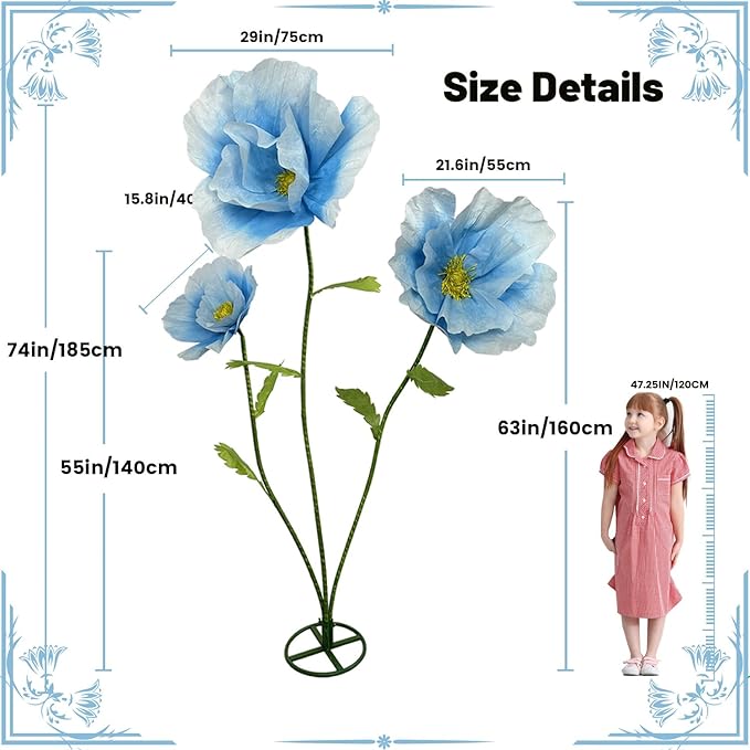 3Pcs Large Giant Artificial Flowers Decoration - Artificial Giant Paper Flowers for Wedding Graduation Bridal Shower Birthday Handcrafted Wall Backdrop Party Supplies (Blue)